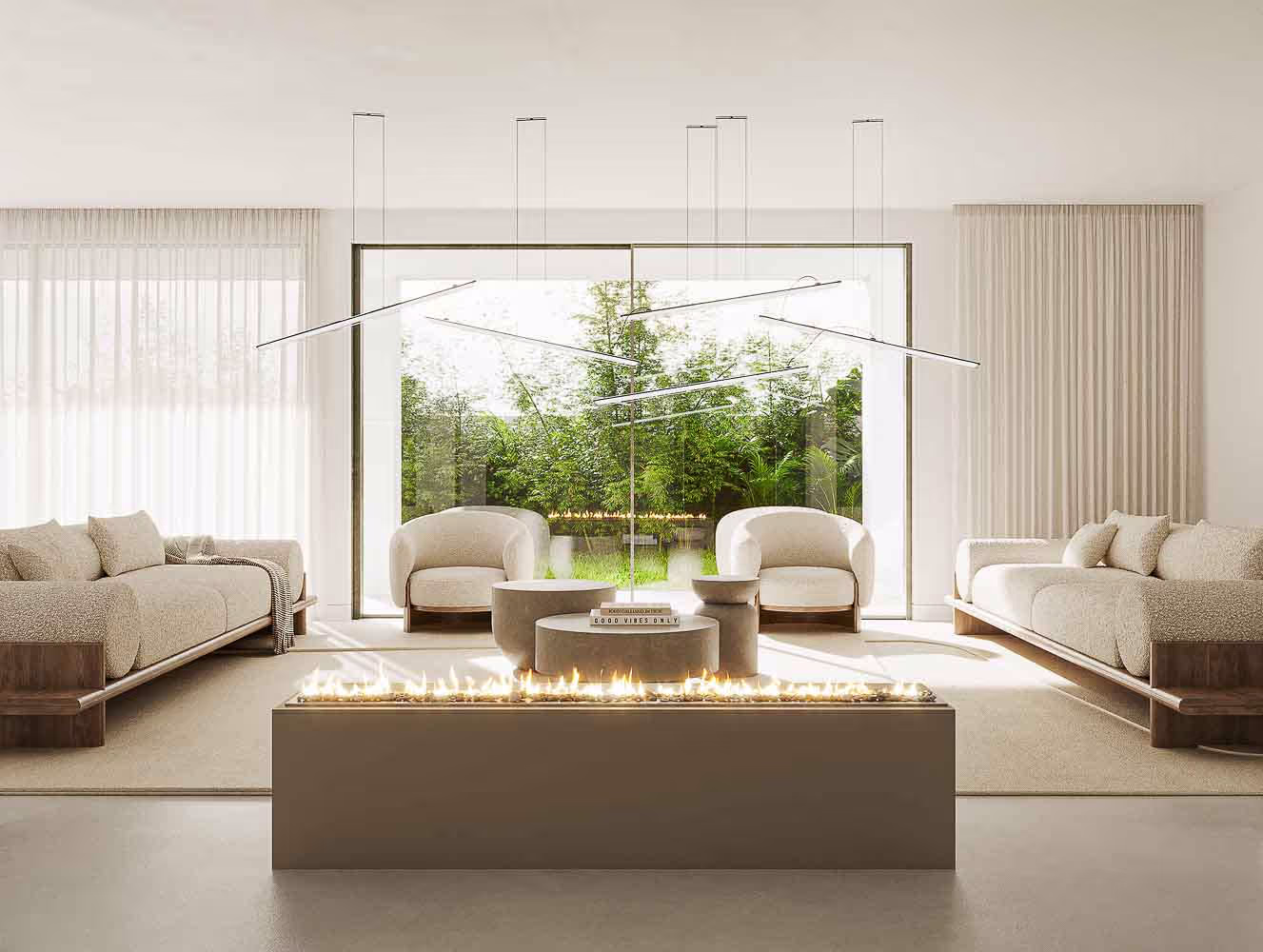 A modern living room with cream-colored sofas and armchairs arranged around a rectangular, sleek fireplace. Large windows in the background show a green garden. Minimalist décor with neutral tones and a contemporary light fixture above.